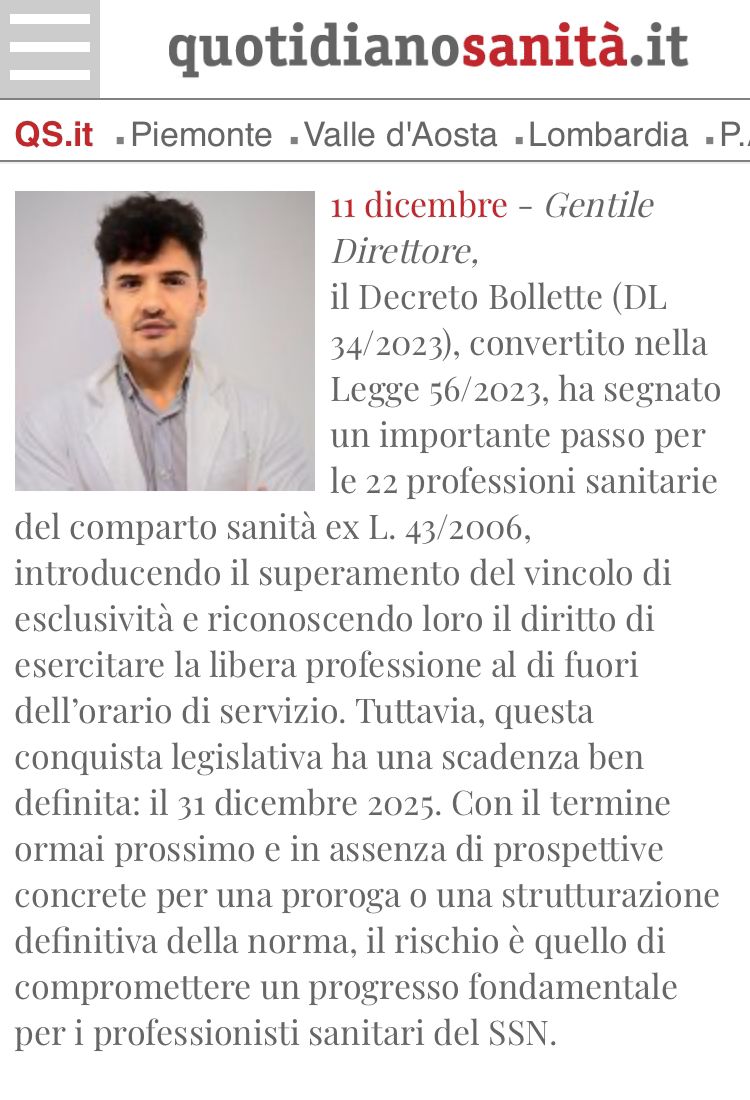 SERVE UN INTERVENTO IMMEDIATO DA PARTE DEL GOVERNO SULLA LIBERA PROFESSIONE PER LE PROFESSIONI SANITARIE.